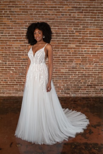 Essense of Australia #D3799 #3 (IVRM-PL) Ivory Lace & Tulle over Rum Gown w Porcelain Tulle Plunge thumbnail