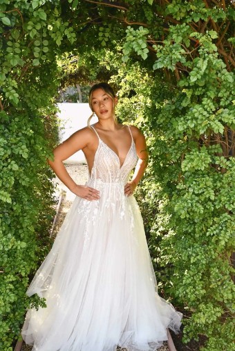 Essense of Australia #D3799 #0 default (IVRM-PL) Ivory Lace & Tulle over Rum Gown w Porcelain Tulle Plunge thumbnail