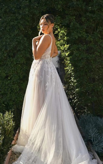 Essense of Australia #D3799 #1 (IVRM-PL) Ivory Lace & Tulle over Rum Gown w Porcelain Tulle Plunge thumbnail